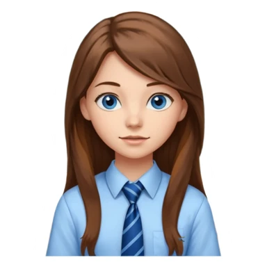 high school class room with a blackboard, with a pretty female high school student with long brown hair, blue eyes, wearing a tie sticker