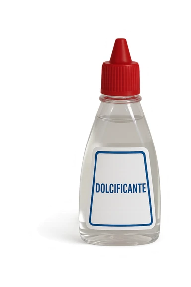 boccetta di dolcificante LIQUIDO COME IL DIETETIC con la scritta "DOLCIFICANTE" SULL'ETICHETTA, ISOLATA SU SFONDO BIANCO sticker