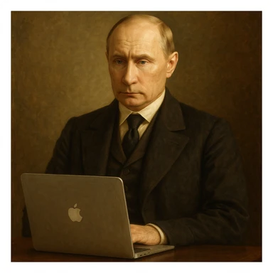 Historical leader portrait-style Vladimir Putin with a MacBook on a desk sticker