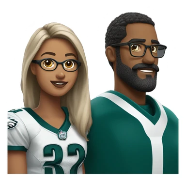 Brown skin couple in Philadelphia Eagles clothing guy has a beard and mustache girl has glasses and her hair in a bun sticker