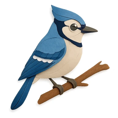 blue jay sitting on a branch, delicate paper layers, expressive eye, naturalistic pose sticker