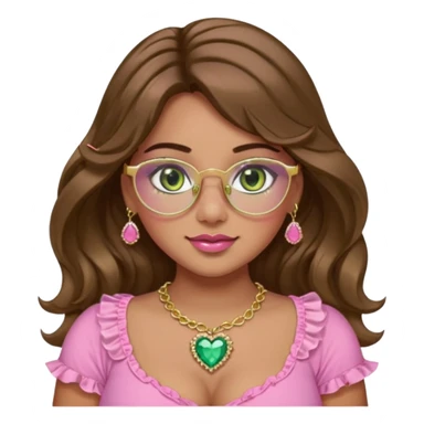Girl girl with middle parted long wavy brown hair. green gold eyes. Plus size. pink frilly top. gold nose ring. pink heart crystal necklace. Gold rimmed glasses. Long eyelashes sticker