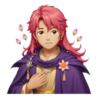 Beautiful gorgeous blushing anime guy with beautiful fiery-special-medium-long-hair, fashion aesthetic, ethereal, fairycore, pastelcore, flower petals, crystals, layered robes, toga, cloak scarf, accessories, jewelries, gold, colorful, shiny, trending style, outside sticker