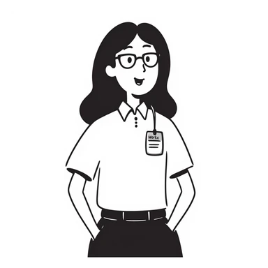 Asian girl, glasses, white shirt, work tag with her Asian young male boss's name, simple line drawing style sticker