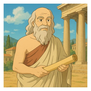ancient Greece philosopher with scroll, togas in ghibli style sticker