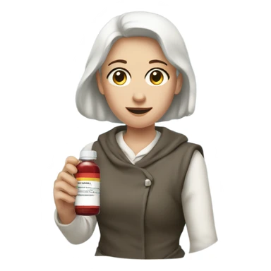 anniek with big pupils holding a medicine bottle sticker