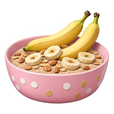 banana baked oats in a bowl like oat meal with a couple banana slices on top that look a little bit caramelised and a light pink bowl with white polka dots sticker