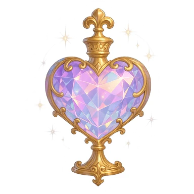 very luxurious crystal heart-shaped elixir bottle, pastel gradient, lots of glowing shine, facets, ornaments, golden details, magical effects, very small golden neck, transparent background, beautiful connected base, clearly floating in air, no base or shadow, premium class, matching collection sticker
