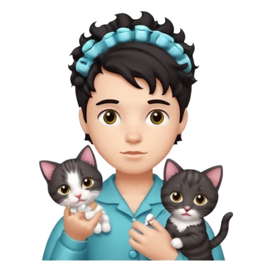 dark-haired boy with curlers and a kitten sticker