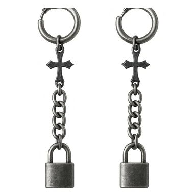 goth earrings, chain and padlock, punk gothic, metallic sticker
