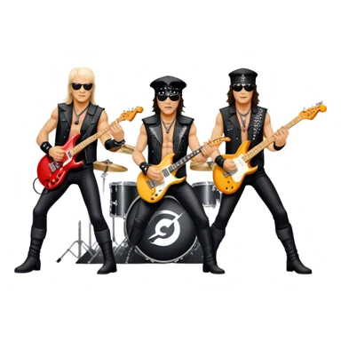 Icon for Rock Music: Scorpions live concert on stage with electric guitars, drums, and a powerful spotlight. Klaus Meine at the microphone, Rudolf Schenker and Matthias Jabs playing guitars, dynamic stage presence, and electric energy. Transparent background. sticker