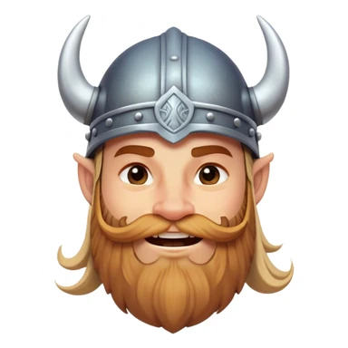Clash of Clans aesthetic: Cinematic Playful Viking Portrait Emoji, Head tilted with a cheeky grin and twinkling eyes, featuring a compact, charming build with a modest, stylized Viking helmet and a playful beard, his face rendered in natural skin tone, Simplified yet irresistibly charming features, highly detailed, glowing with a warm, inviting radiance, high shine, spirited and lively, stylized with an air of whimsical Nordic mischief, soft glowing outline, capturing the essence of a playful Viking exuding friendly rogue charm! sticker