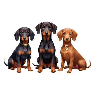 Close-up of a Doberman Pinscher, a Dachshund and a Poodle sitting together on lush green grass. The background features a beautiful, serene nature view with rolling hills and bright blue skies. The dogs' sleek coats shine under the sun. Transparent background. sticker