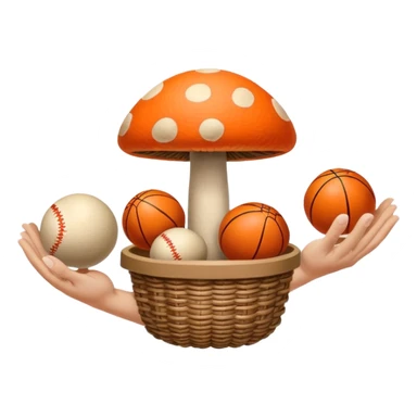 Arm with mushroom cap in place of wrist and hand with two basket balls at the base of the arm right next to eachother  sticker
