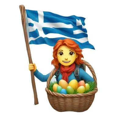 red hair female winter mountaineer climbing with Easter eggsbasket and Greek flag sticker