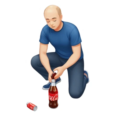 Balding guy, dark blue shirt, kneeling to pick up a coke bottle in a parking lot sticker