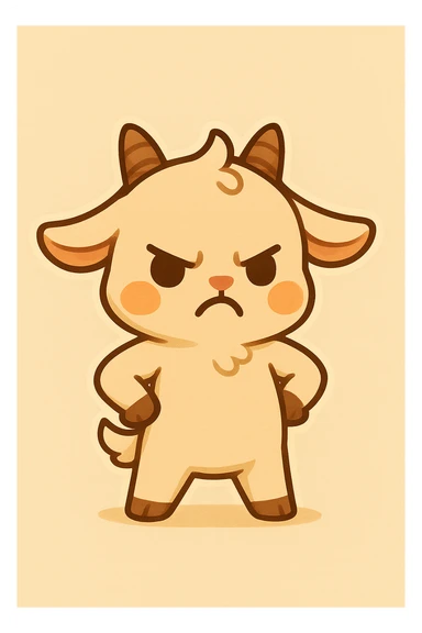Edit the chibi goat to have an angry expression with hands on hips and both legs on the ground. Keep the chibi joyful style but change the expression to angry. Use a simple background. sticker
