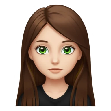 A girl with long straight brown hair, green eyes, and long eyelashes wearing a black top sticker