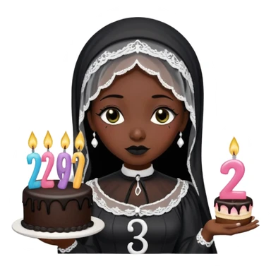 Emoji-style illustration of a cute sarcastic woman, black mourning dress and veil, holding a birthday cake with number 29 candles, ironic expression, RIP 20s theme, flat design, bold outlines, pastel gothic colors, high resolution, clean background, perfect for profile picture sticker