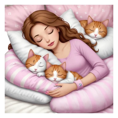 girl with long wavy brown hair, brown eyes, long lashes makeup, sexy pink lips, light to medium complexion,  sleeping on a cozy pillow, with 6 cats: 1 brown and white tabby cat, 1 ginger and white, 2 grey and white, 1 grey with white mittens and small white patch on chest and 1 calico, sleeping sticker
