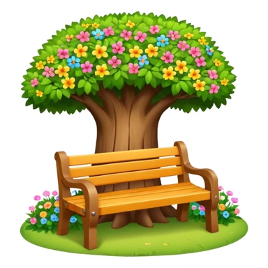 cheerful bench under a tree, small flowers nearby, clean and friendly sticker
