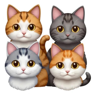 4 different coloured short haired cats including; a dark brown tabby and white cat, and a dark grey and white  sticker