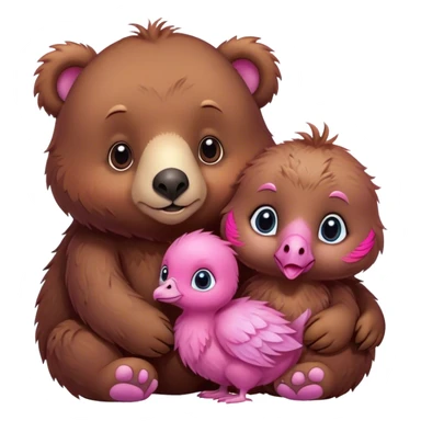 A cute brown bear and a realistic cute pink dodo closely together. They brought a brown kitten sticker