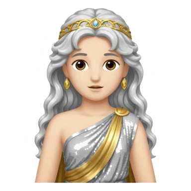Diana from Roman Deities with long silver wavy hair, silver sequin toga sticker