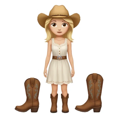Please give me the woman standing emoji with a peach skin tone, medium length blonde hair, and dark brown eyes. Please make her wear a white sundress and brown cowgirl boots sticker