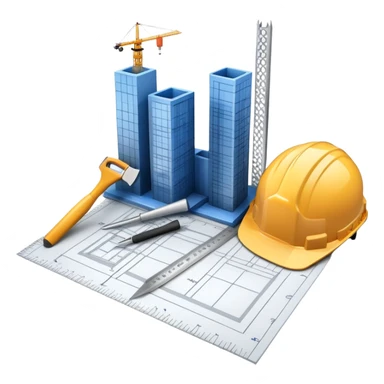 An icon featuring a blueprint, a hard hat, and construction tools, symbolizing architecture and construction. The design includes a ruler, building materials, and a skyscraper, representing the design and building process. Transparent background highlights the art and science of creating structures. sticker