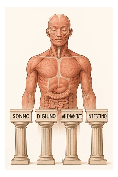 5 pilastri con le scritte "SONNO", "DIGIUNO", "ALLENAMENTO", "INTESTINO", DAVANTI UN CORPO UMANO ANATOMICO CON OCCHI CHIUSI IN SALUTE, SFONDO CHIARO IN ITALIANO sticker