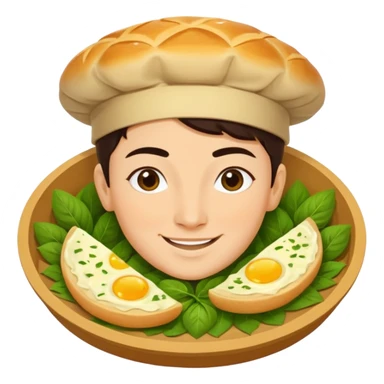 Georgian cuisine avatar in bright emoji-style illustration. Khachapuri and herbs, rich golden and green colors, simple shapes, flat design, strong character. sticker