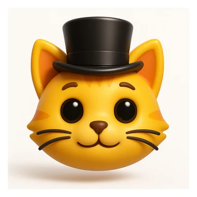 3D rendered emoji-style illustration, glossy plastic-like materials, soft ambient occlusion, rounded forms, high-detail textures, clean white background, Apple emoji aesthetic, subsurface scattering on skin, vibrant saturated colors, cute proportions with large expressive eyes, studio lighting with soft shadows, cat wearing a tophat sticker
