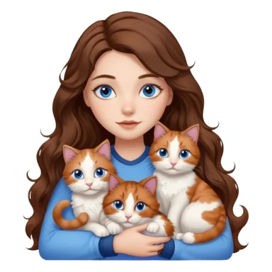 girl with long wavy brown hair, blue eyes, long lashes makeup, cuddling with 6 cats sticker
