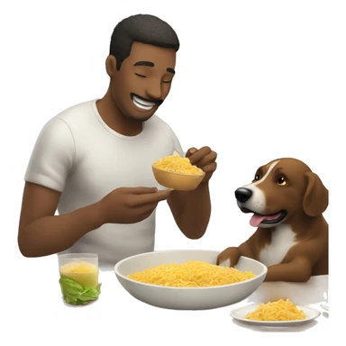 Hazme una imagen de un hombre comiendo con su perro sticker