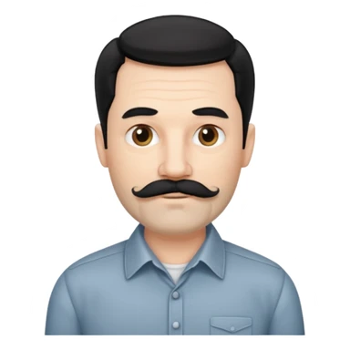 50 yr old white man, pale skin black hair with some grey highlights, side swept part, groomed moustache and beard sticker