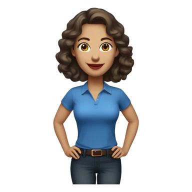 A cheerful woman in her 30s with light skin, shoulder-length wavy dark brown hair, and a round face with prominent cheekbones. She has hazel eyes, full lips with red lipstick, and a warm, friendly smile. She's wearing a blue shirt. sticker