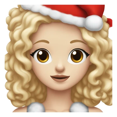Pretty blue eyed white girl with blonde long wave hair with a santa claus hat and holding a brown toy poodle with short eras sticker