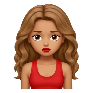 generate a pretty tan bratz girl with brown wavy hair long wearing a red tank top, red lipstick. Looking sad sticker