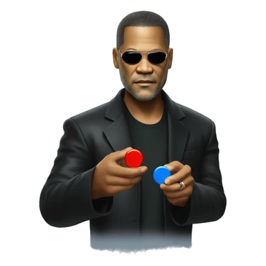 Neo, Lawrence fishburne from the matrix, holding red and blue pill sticker