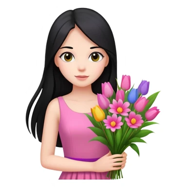 Beautiful girl with long straight black hair, fair skin, wearing pink dress, holding a bouquet of colorful flowers sticker