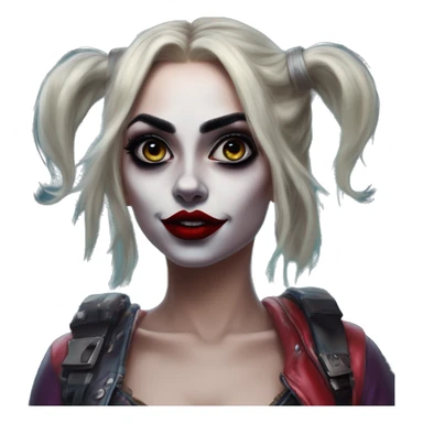 Jasmine Lordi in Harley Quinn style, oil paint, mysterious eyes, intricate lips, masterpiece portrait, odd perspective, beautiful, desirable, logical sticker