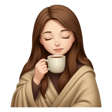 long brown hair woman closed eyes hiding under a cozy wool beige blanket, holding cup of coffee, autumn mood sticker
