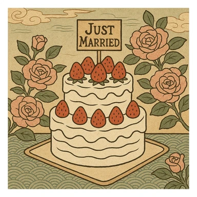 white wedding cake with strawberries, pink roses, 'Just Married' topper, ukiyo-e style sticker