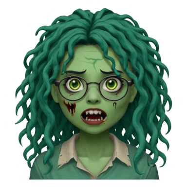 One female green-skinned, zombie super pretty with glasses, with ombre black roots & dark teal long locks and a side bang of her locs that fall over the right eye and a sinister expression with the mouth open, teeth showing, and the jaw uneven. with a small wound near its mouth. Make her locks curly sticker