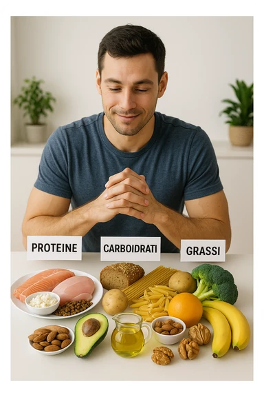 uomo che fa alimentazione attraverso i giusti macronutrienti. Scritte in ITALIANO immagine 4k realistica sticker