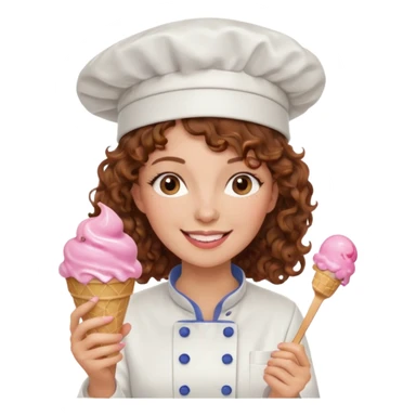 woman brown curly hair, chef, eating pink ice cream sticker