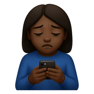 Create an image of a girl addicted to her phone with a dark skin tone in the style of emoji style. The style should reflect the characteristics of emoji style, focusing on the look and feel of emoji illustrations. sticker