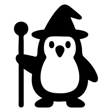 penguin wizard holding a staff, wearing a wizard hat, solid filled icon, simple and bold sticker