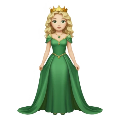 Queen, crown, blonde wavy hair, green eyes, long green narrpw dress, whole Body, sticker